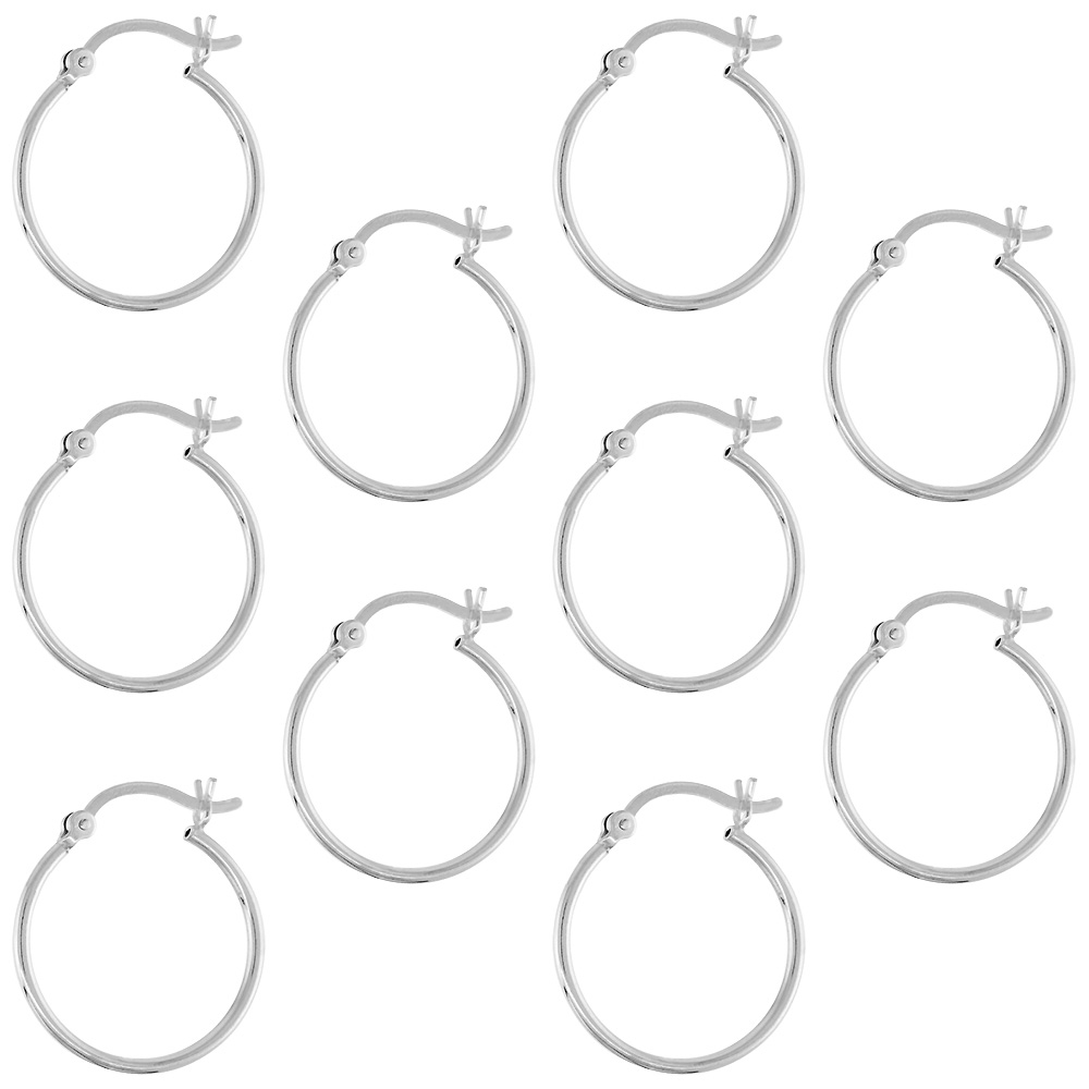 10 Pairs Sterling Silver Small 3/4 inch 20mm Hoop Earrings Women and Men Click Top Thin 1mm Tube