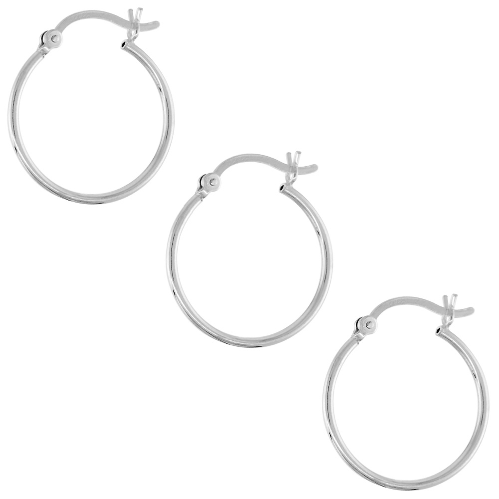 3 Pairs Sterling Silver Small 3/4 inch 20mm Hoop Earrings Women and Men Click Top Thin 1mm Tube