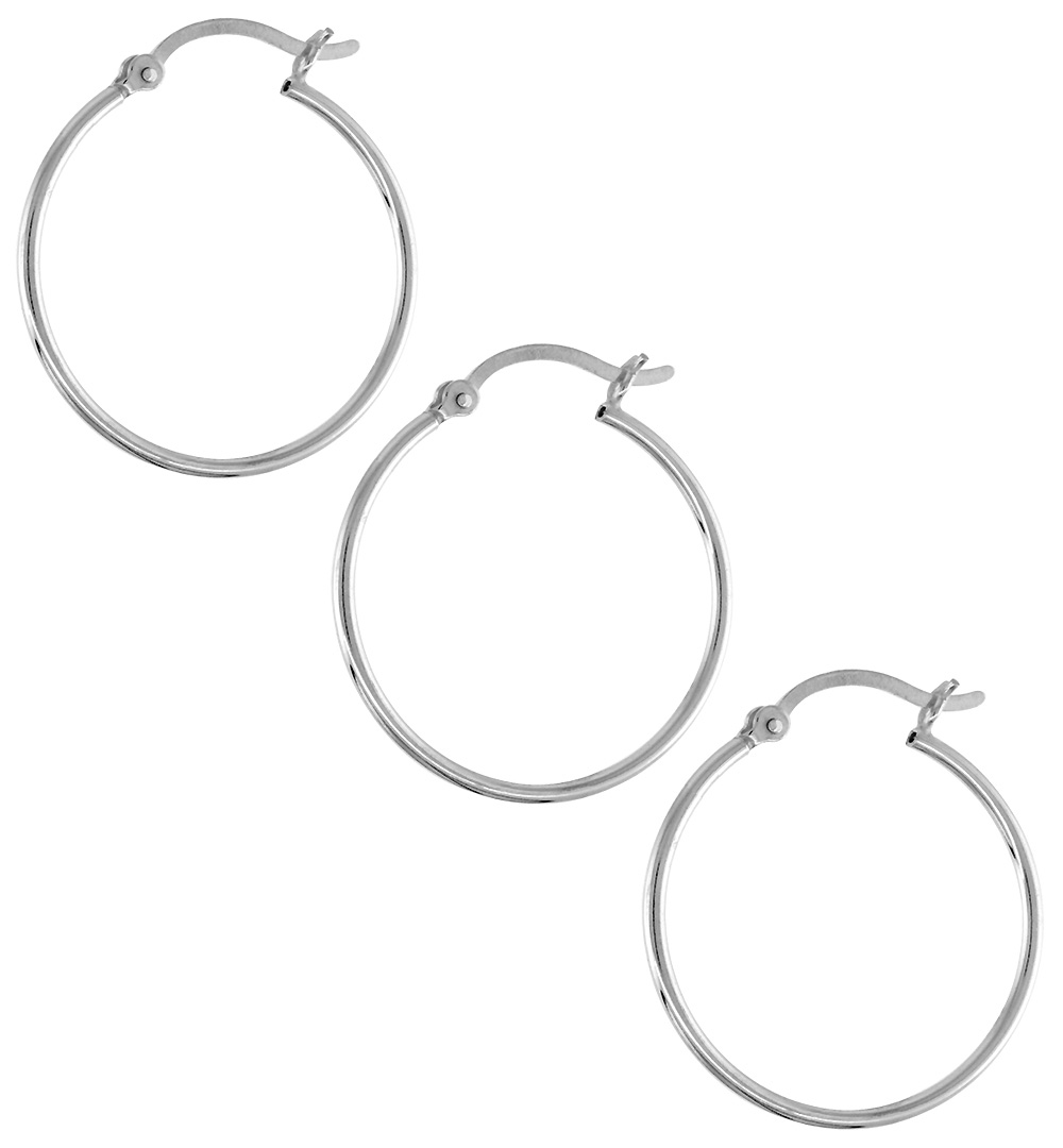 3 Pairs Sterling Silver 1 inch 20mm Hoop Earrings Women and Men Click Top Thin 1mm Tube
