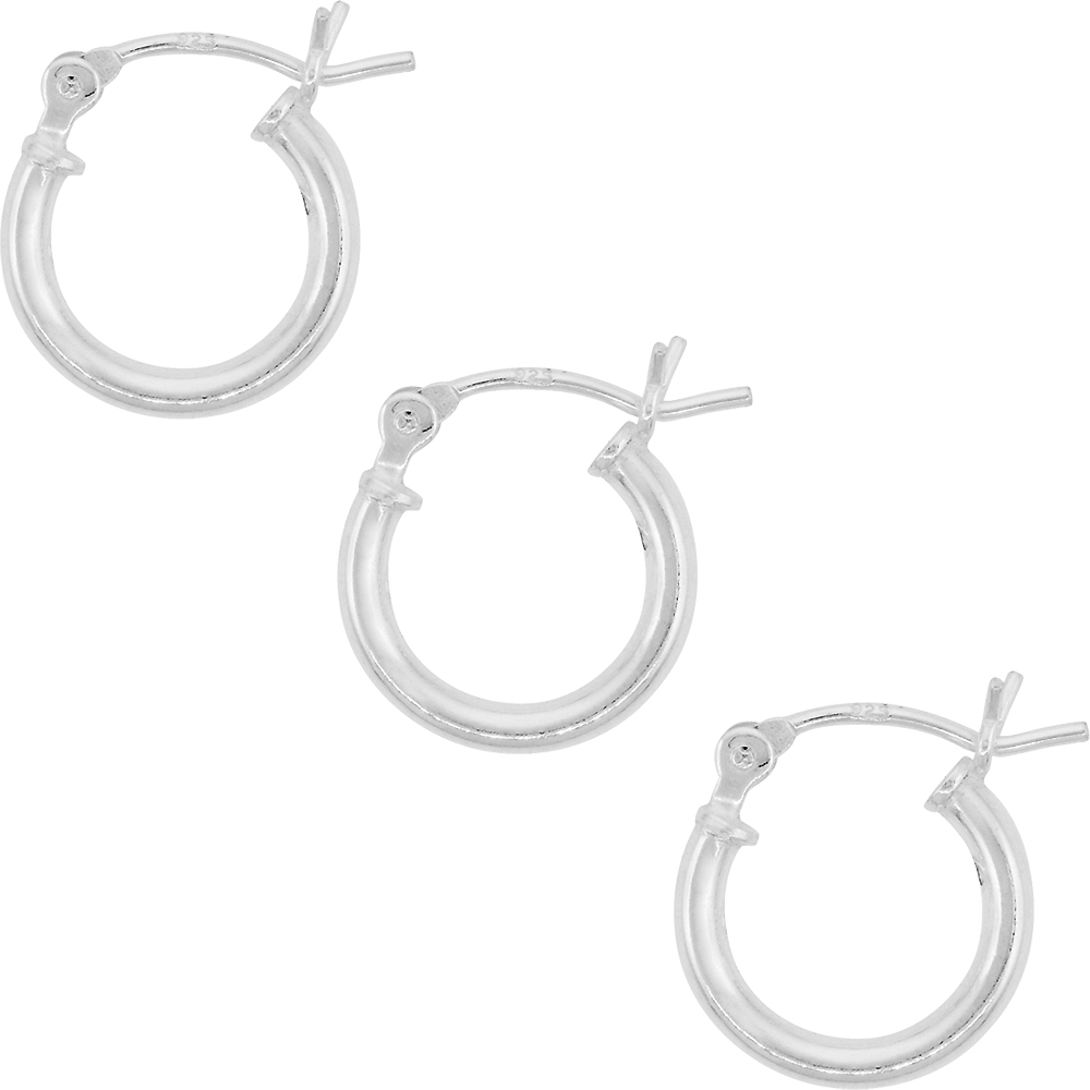 3 Pairs Sterling Silver Dainty 1/2 inch 12mm Hoop Earrings Women and Men Click Top 2mm Tube