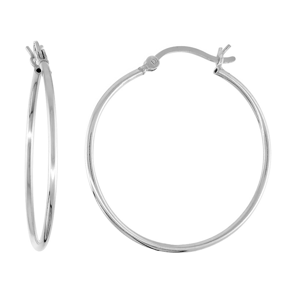 Sterling Silver 1 1/4 inch 30mm Hoop Earrings Women and Men Click Top thin 1mm Tube