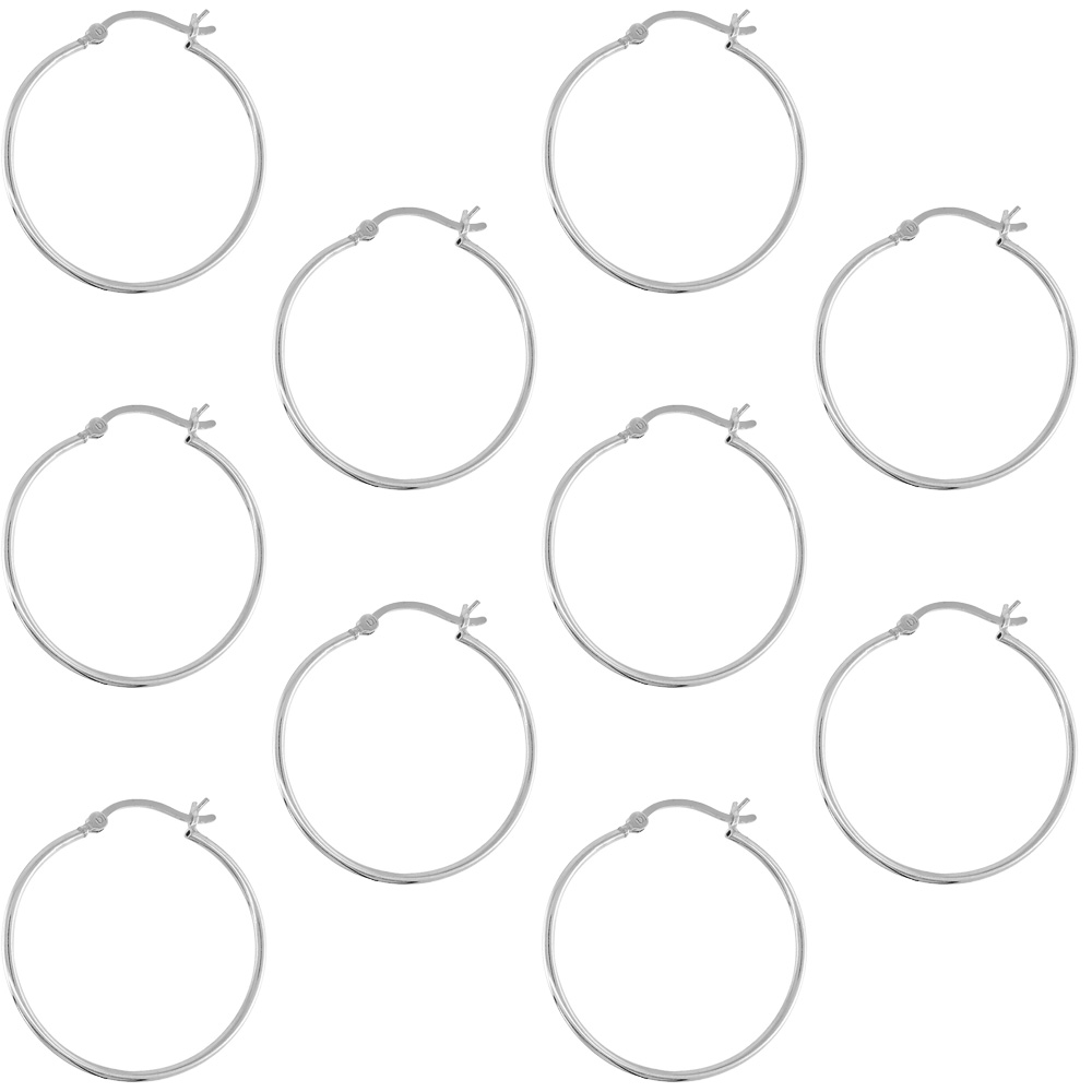 10 Pairs Sterling Silver 1 1/4 inch 30mm Hoop Earrings Women and Men Click Top thin 1mm Tube