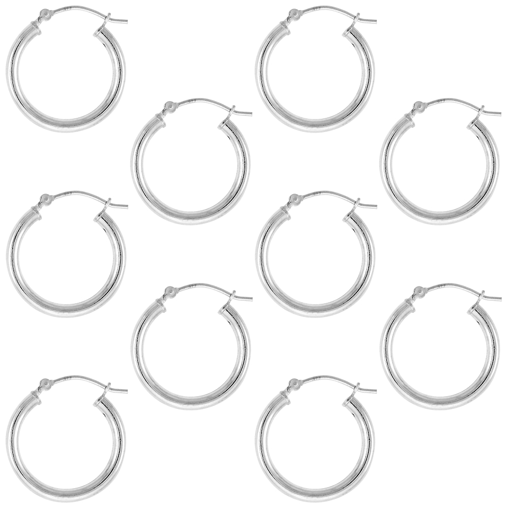 10 Pairs Sterling Silver 9/16 inch 20mm Hoop Earrings Women and Men Click Top thick 2.5mm Tube