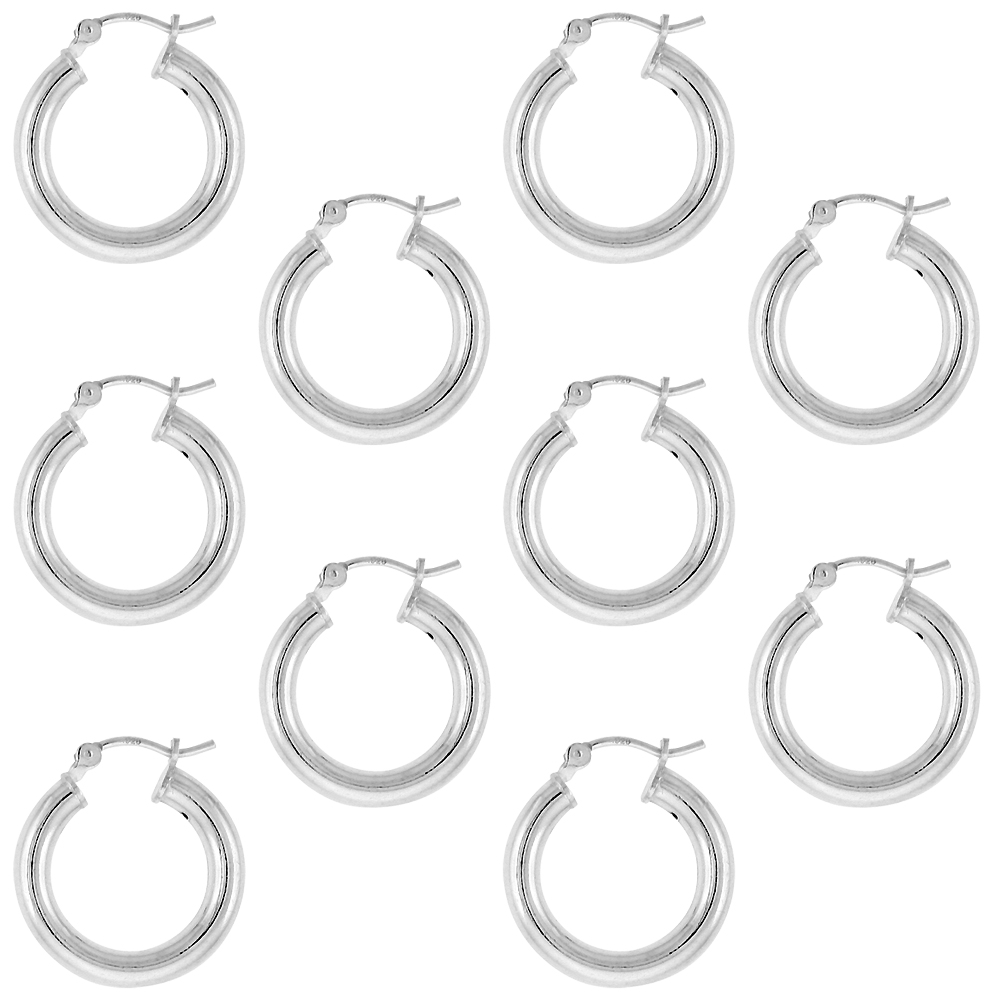 10 PAIRS STERLING SILVER 3/4 INCH 18MM HOOP EARRINGS WOMEN AND MEN CLICK TOP THICK 3MM TUBE