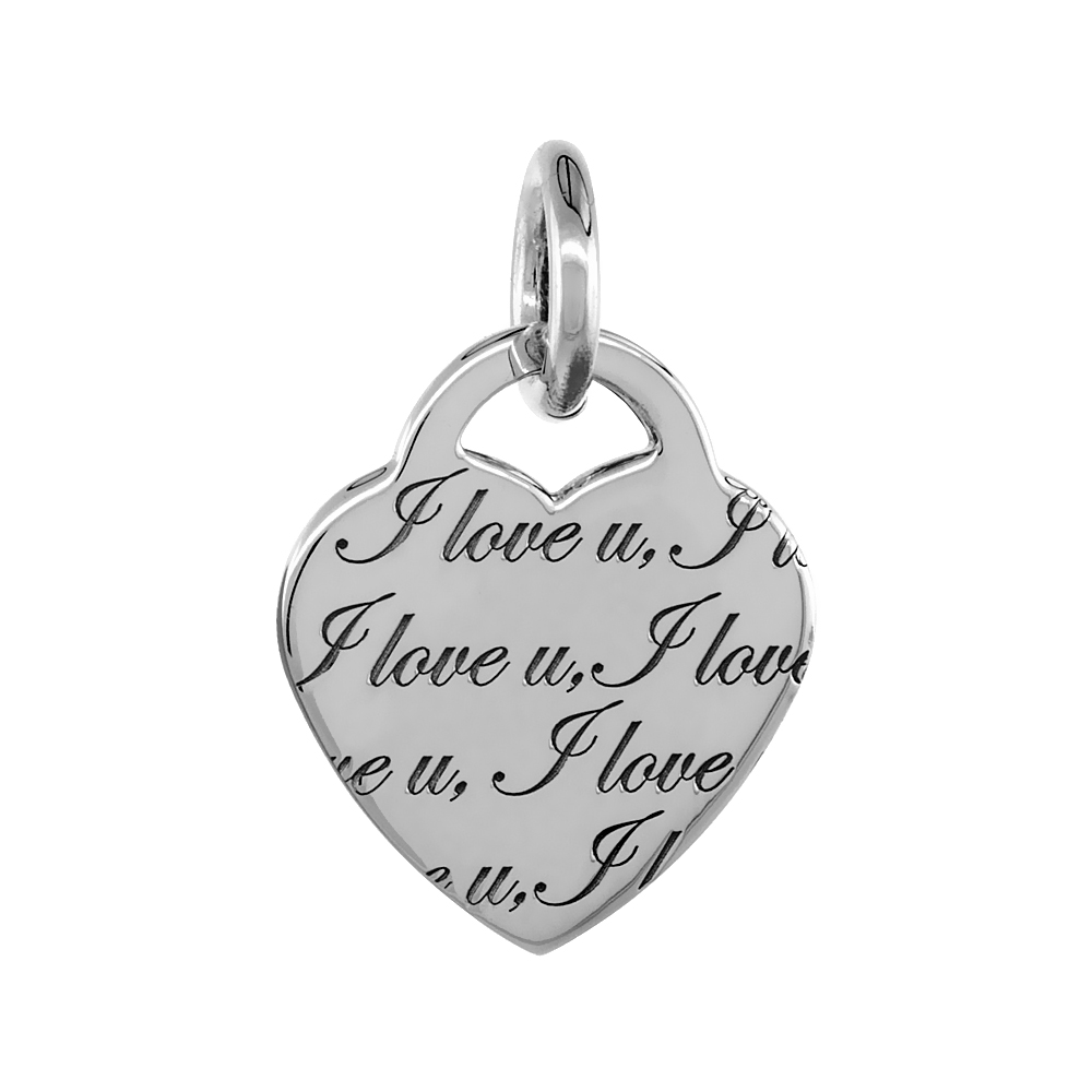Sterling Silver I LOVE U Heart Pendant, 1 1/8 inch wide