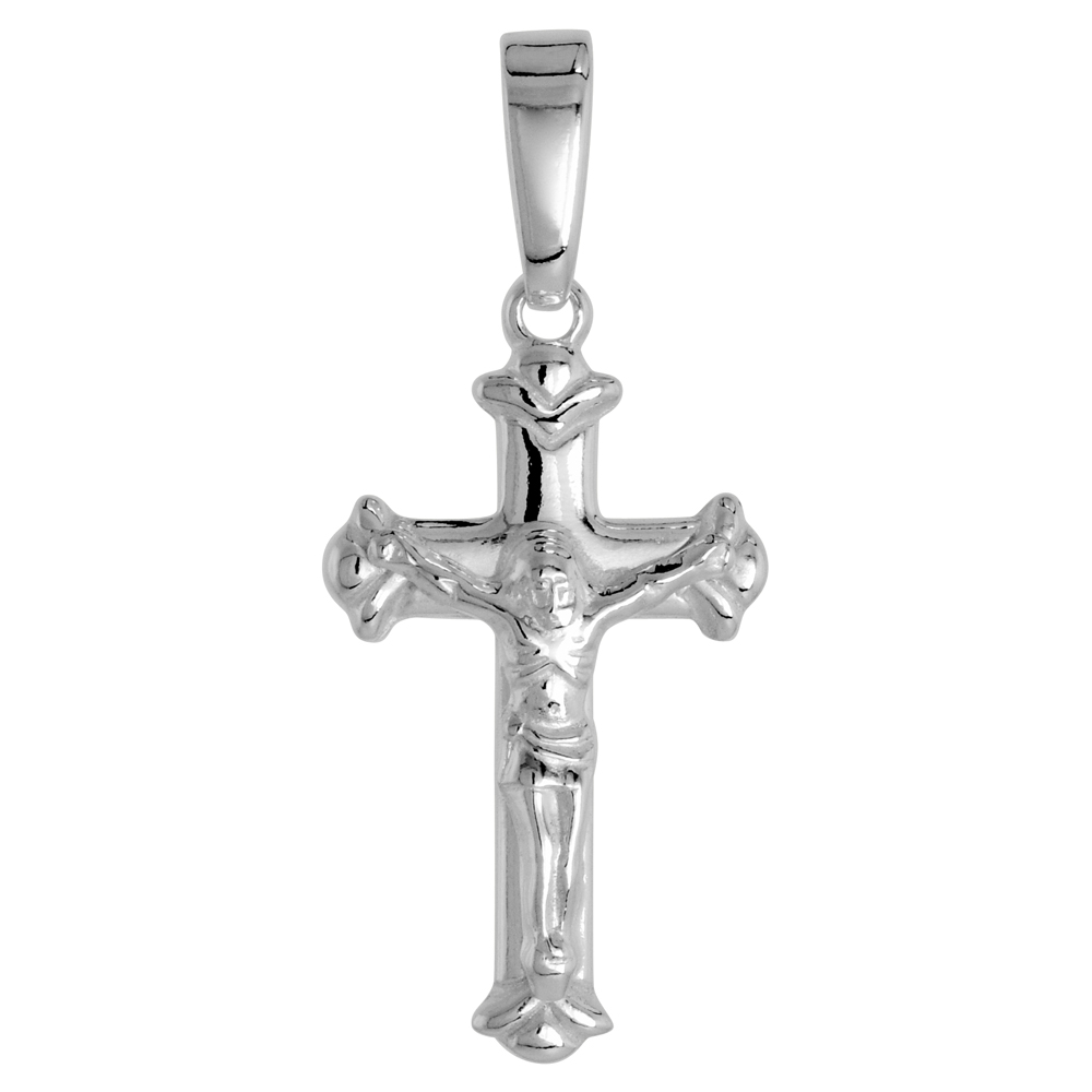 STERLING SILVER DAINTY CRUCIFIX PENDANT SOLID BACK HIGH POLISHED, 1/2 INCH WIDE