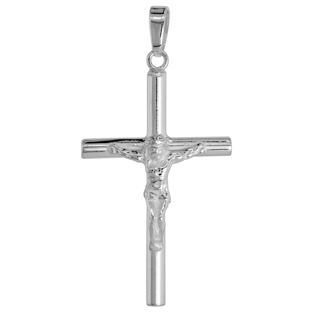 STERLING SILVER PLAIN CRUCIFIX PENDANT SOLID BACK HIGH POLISHED, 15/16 INCH WIDE
