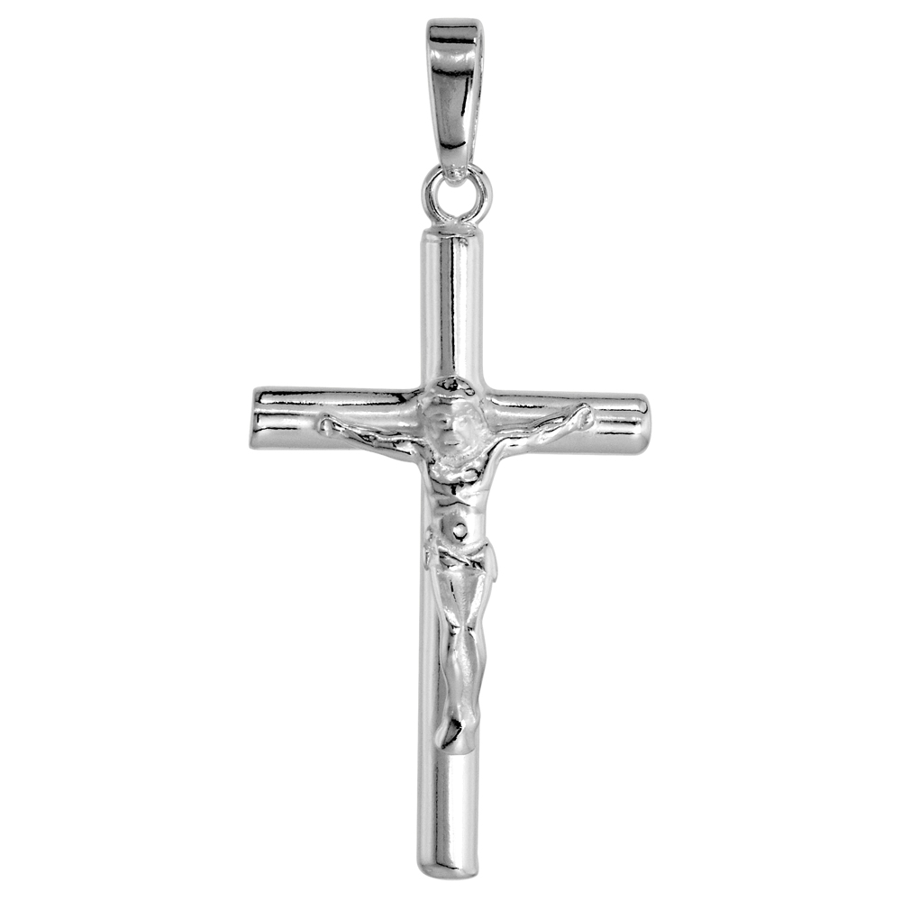 STERLING SILVER PLAIN CRUCIFIX PENDANT SOLID BACK HIGH POLISHED, 3/4 INCH WIDE