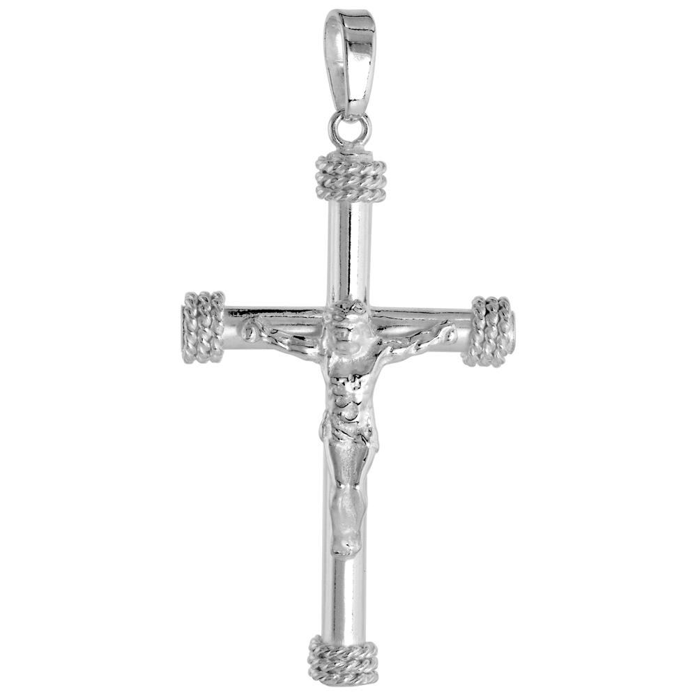 STERLING SILVER ROPE CROSS CRUCIFIX PENDANT SOLID BACK HIGH POLISHED, 15/16 INCH WIDE