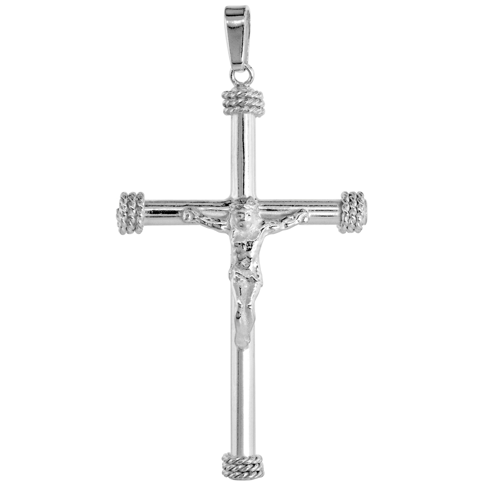 STERLING SILVER LARGE ROPE CROSS CRUCIFIX PENDANT SOLID BACK HIGH POLISHED, 1 5/32 INCH WIDE