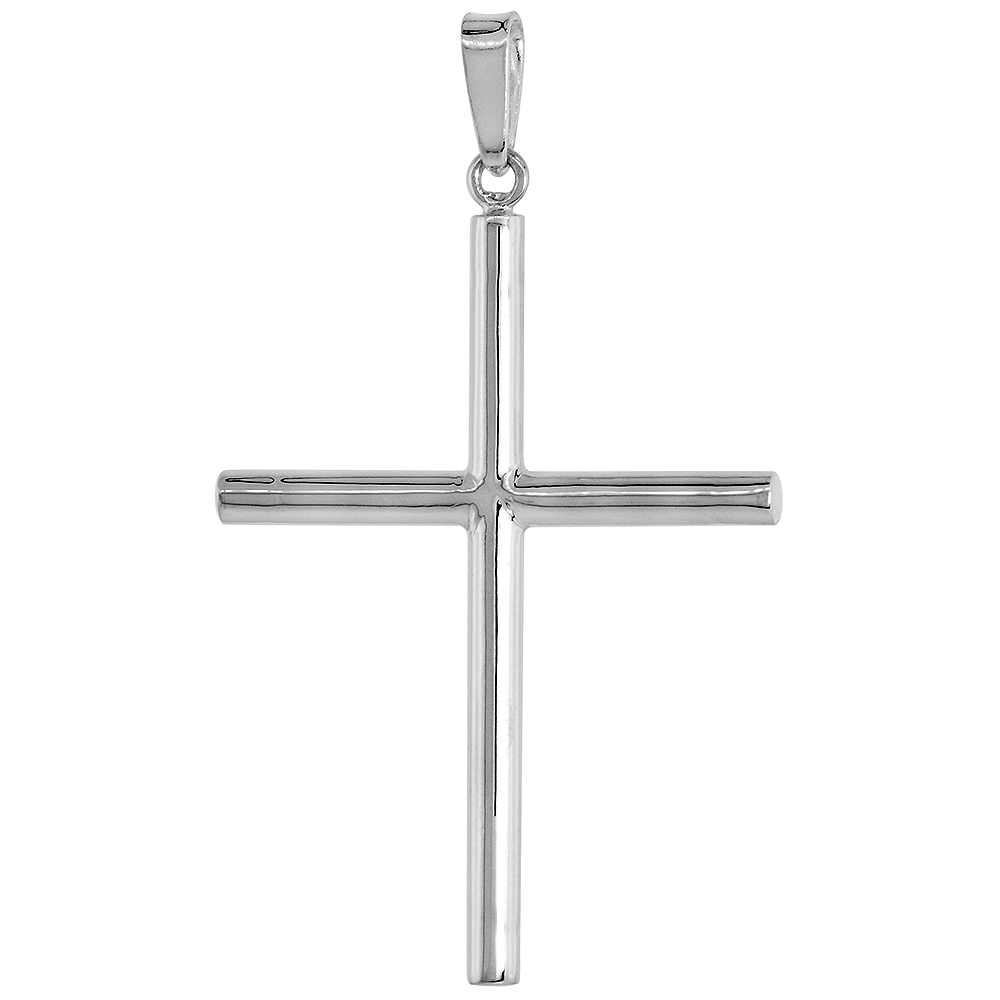 STERLING SILVER LARGE PLAIN CROSS PENDANT FOR MEN AND WOMEN 3MM TUBULAR HIGH POLISHED 1 3/4 INCH