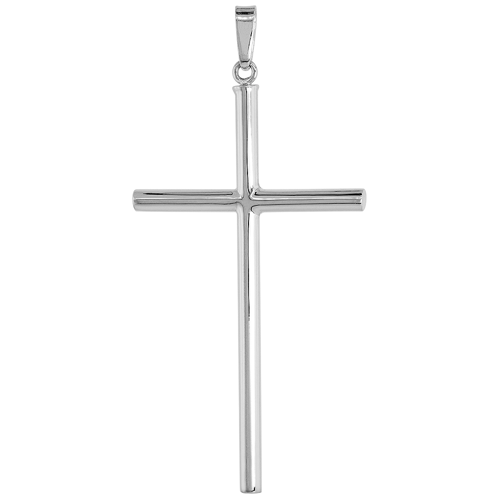 STERLING SILVER LARGE PLAIN CROSS PENDANT FOR MEN AND WOMEN 3MM TUBULAR HIGH POLISHED 2 1/4 INCH