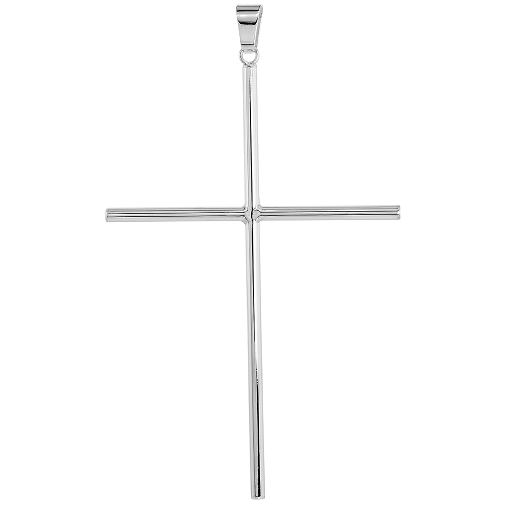 STERLING SILVER LARGE PLAIN CROSS PENDANT FOR MEN AND WOMEN 3MM TUBULAR HIGH POLISHED 3 3/4 INCH