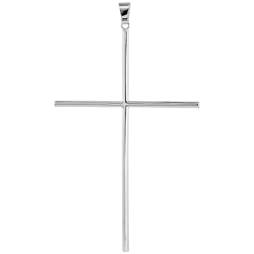 STERLING SILVER LARGE PLAIN CROSS PENDANT FOR MEN AND WOMEN 3MM TUBULAR HIGH POLISHED 4 INCH
