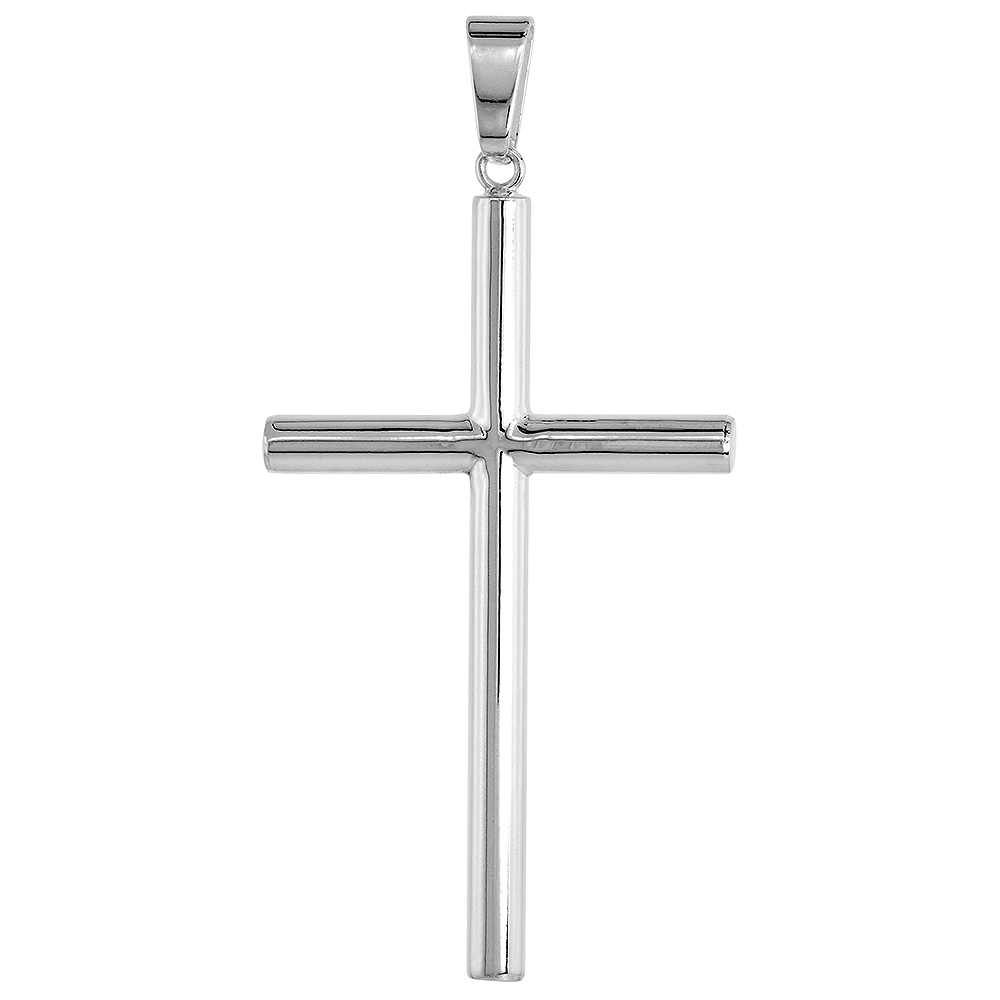 STERLING SILVER LARGE PLAIN CROSS PENDANT FOR MEN AND WOMEN 4MM TUBULAR HIGH POLISHED 2 1/4 INCH