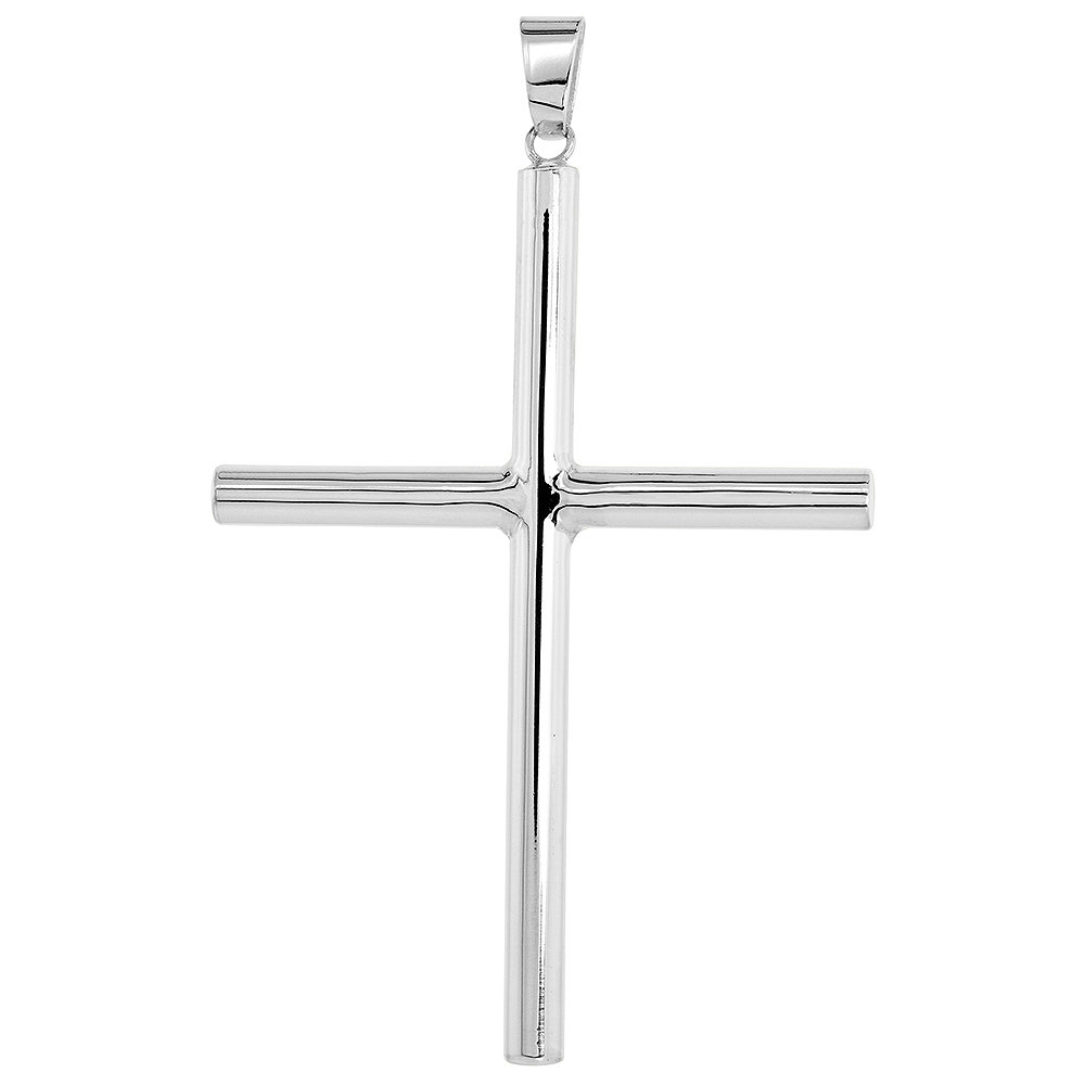 STERLING SILVER LARGE PLAIN CROSS PENDANT FOR MEN AND WOMEN 5MM TUBULAR HIGH POLISHED 3 INCH