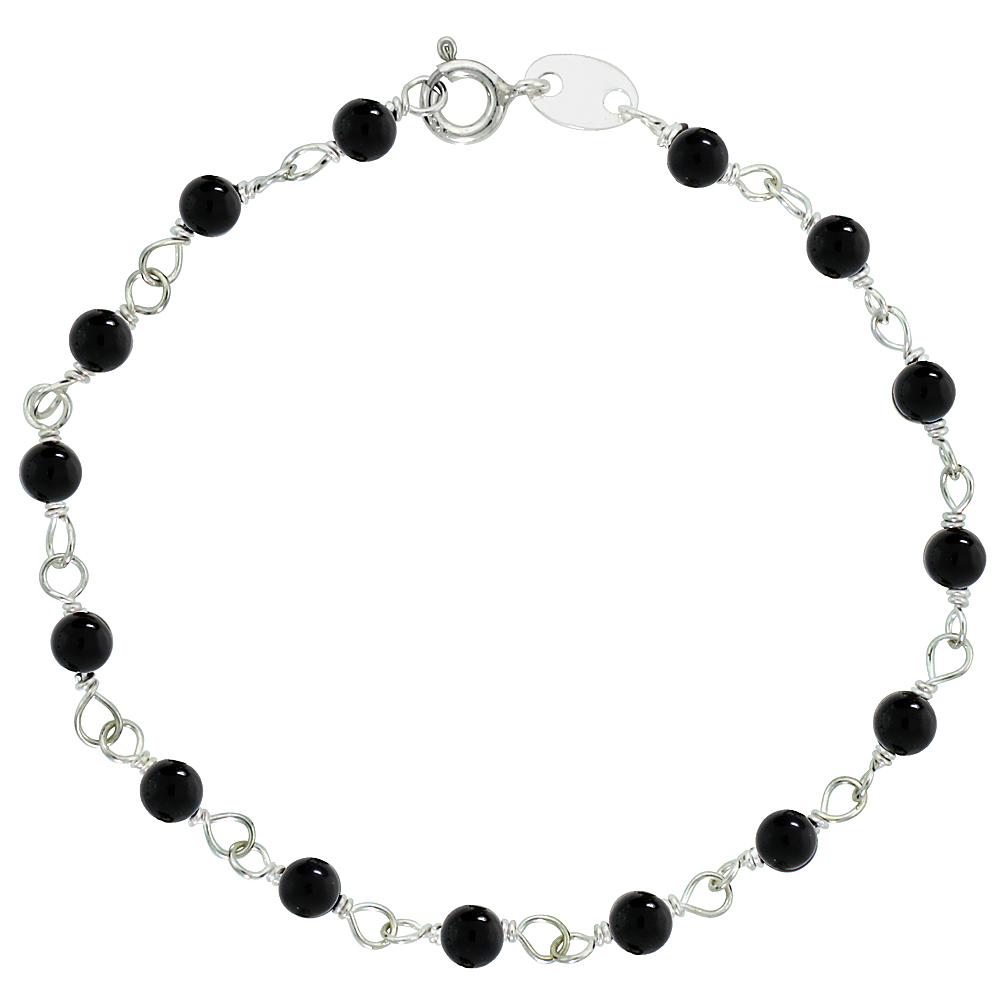 Sterling Silver Natural Black Onyx Bead Necklace Bracelet Anklet 4 mm Wire Wrapped Handmade