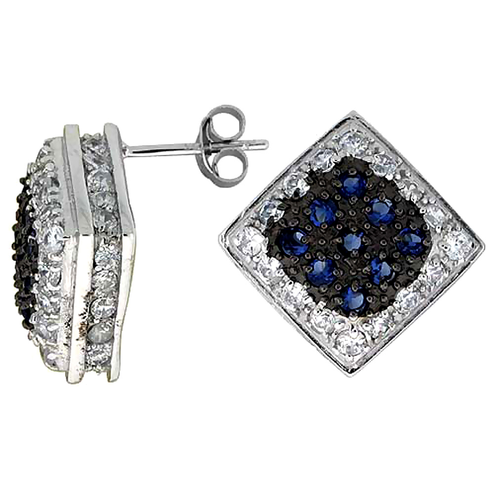 Sterling Silver 3/4" (19 mm) tall Jeweled Diamond-shaped Post Earrings, Rhodium Plated w/ High Quality Blue & White CZ Stones
