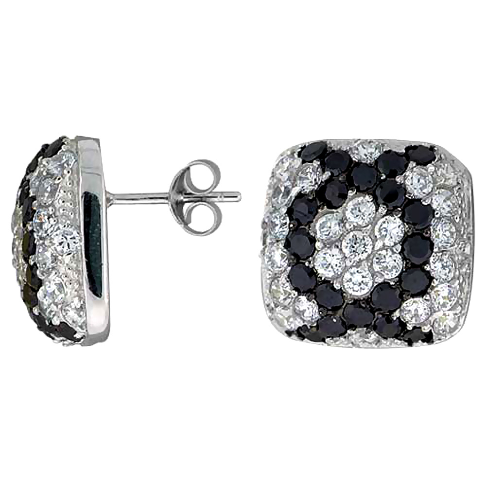 Sterling Silver 5/8" (16 mm) tall Jeweled Cushion-shaped Post Earrings, Rhodium Plated w/ High Quality Black & White CZ Stones