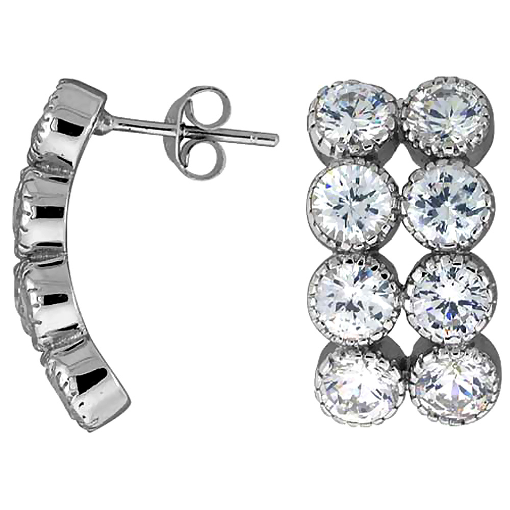 Sterling Silver 13/16" (21 mm) tall Jeweled Post Earrings, Rhodium Plated w/ 8 (5 mm) High Quality CZ Stones