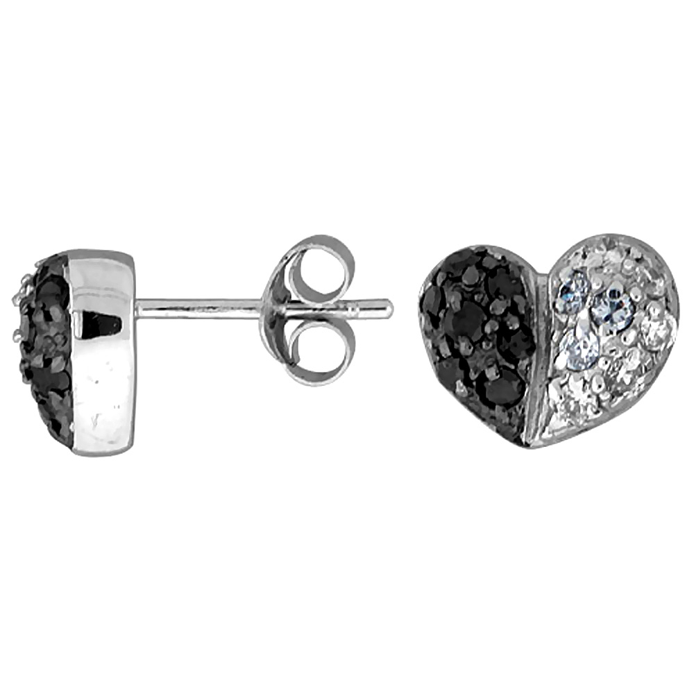 Sterling Silver 5/16" (8 mm) tall Jeweled Heart Post Earrings, Rhodium Plated w/ High Quality Black & White CZ Stones