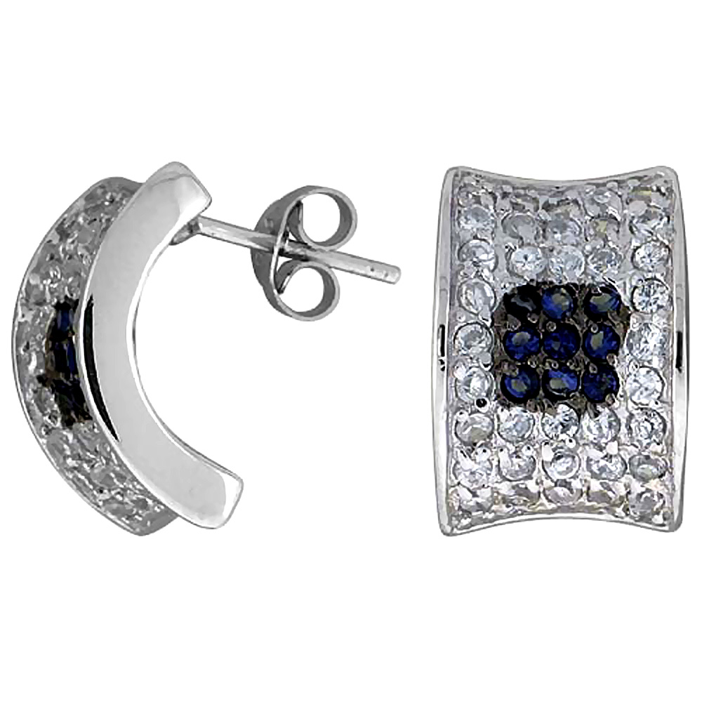 Sterling Silver 5/8" (16 mm) tall Jeweled Post Earrings, Rhodium Plated w/ High Quality Blue & White CZ Stones