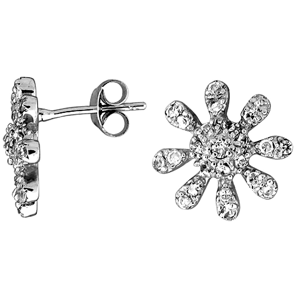 Sterling Silver 1/2" (13 mm) tall Jeweled Sun Post Earrings, Rhodium Plated w/ High Quality CZ Stones
