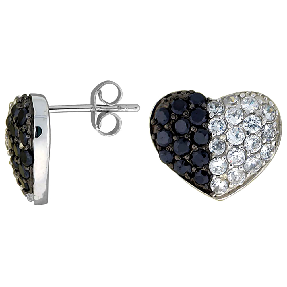 Sterling Silver 1/2" (12 mm) tall Jeweled Heart Post Earrings, Rhodium Plated w/ High Quality Black & White CZ Stones