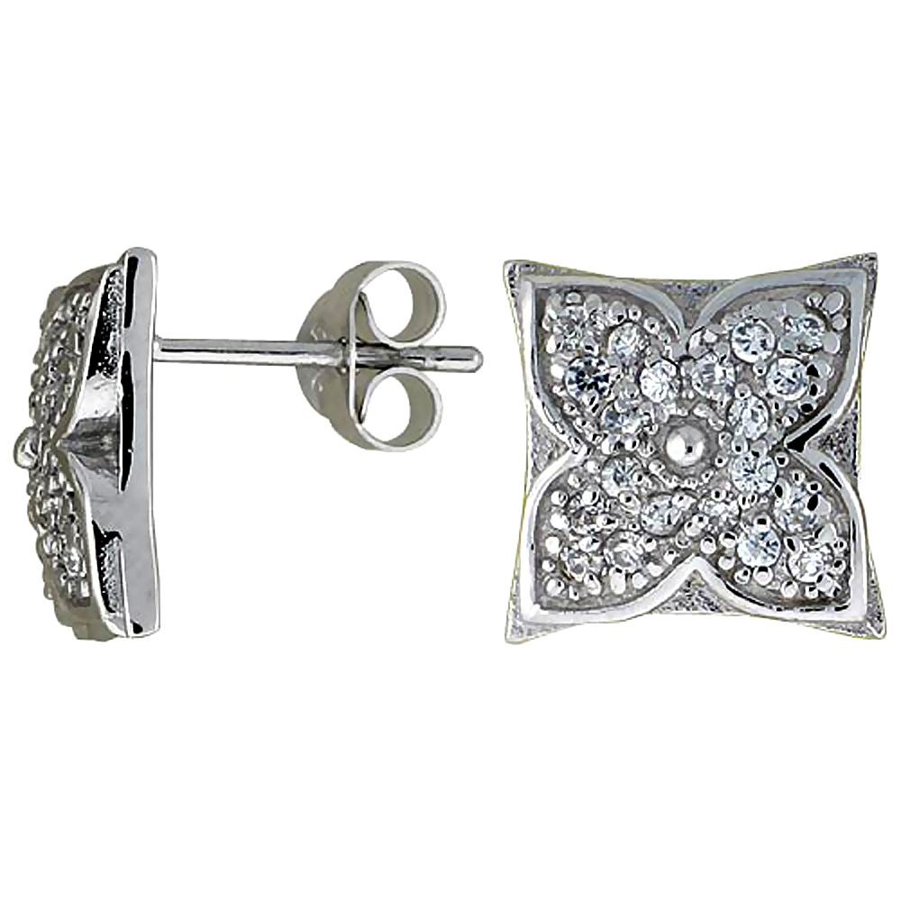 Sterling Silver 7/16" (11 mm) tall Jeweled Flower Post Earrings, Rhodium Plated w/ High Quality CZ Stones