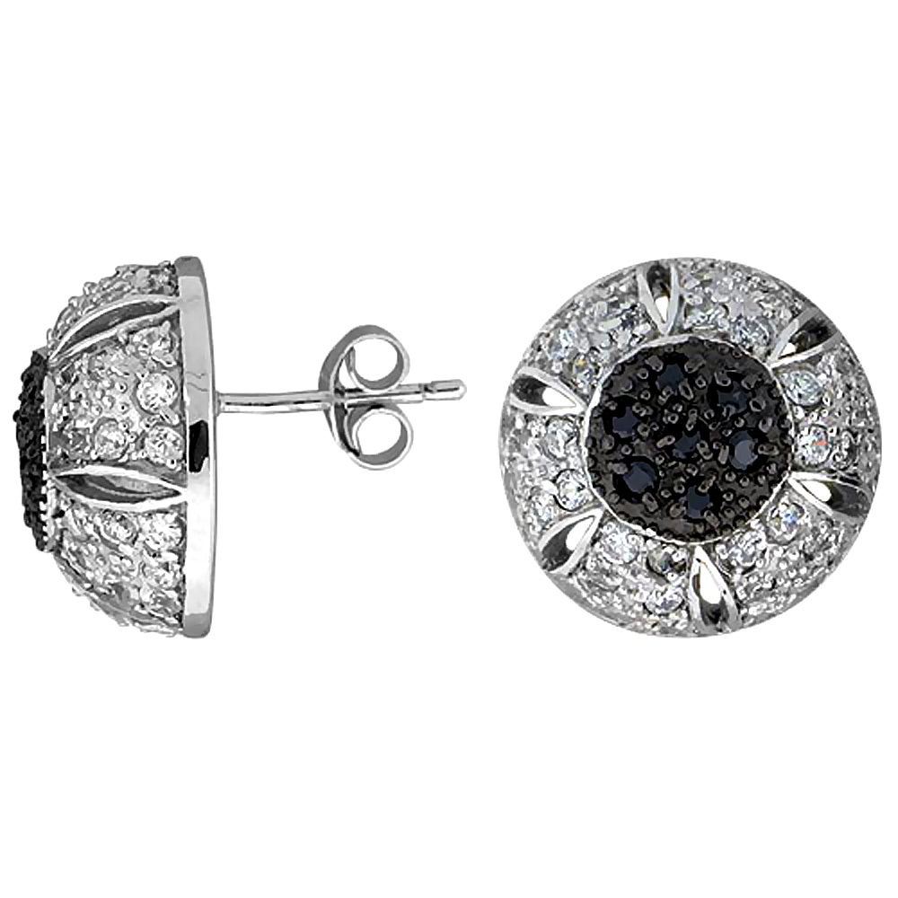 Sterling Silver 5/8" (16 mm) tall Jeweled Half-ball Post Earrings, Rhodium Plated w/ High Quality Black & White CZ Stones