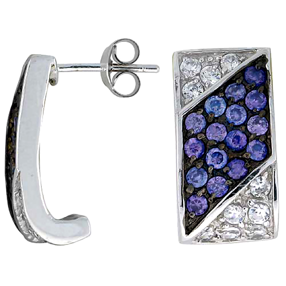 Sterling Silver 3/4" (19 mm) tall Jeweled Rectangular Post Earrings, Rhodium Plated w/ High Quality Synthetic Amethyst & White CZ Stones