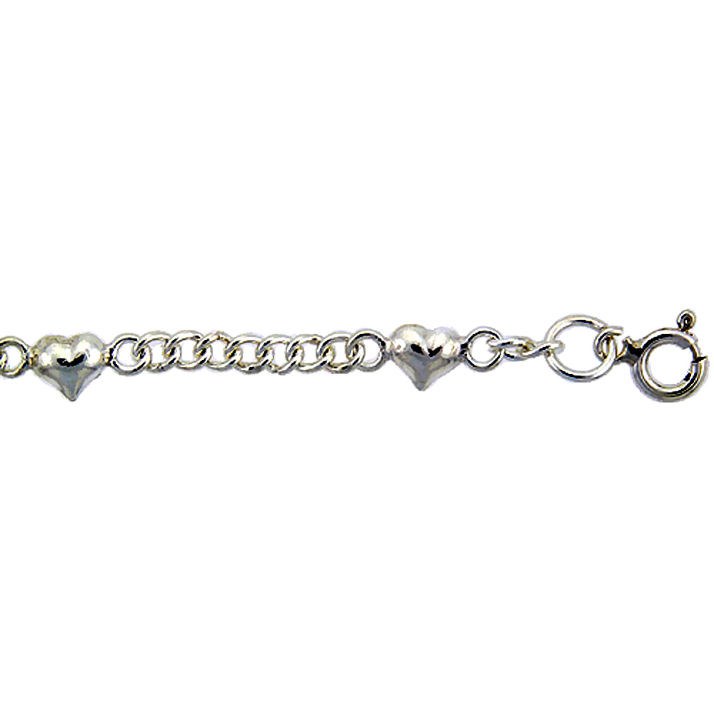 STERLING SILVER ANKLET WITH HEARTS CURB CHAIN, FITS 9 - 10 INCH ANKLES