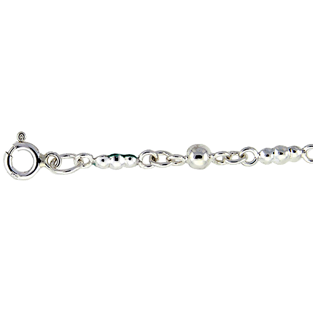 STERLING SILVER ANKLET WITH BEADS & BALLS, FITS 9 - 10 INCH ANKLES