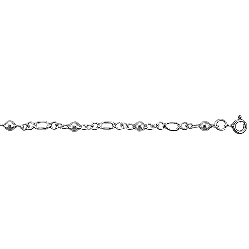 STERLING SILVER ANKLET WITH BALLS & OVAL CUT OUT LINKS, FITS 9 - 10 INCH ANKLES
