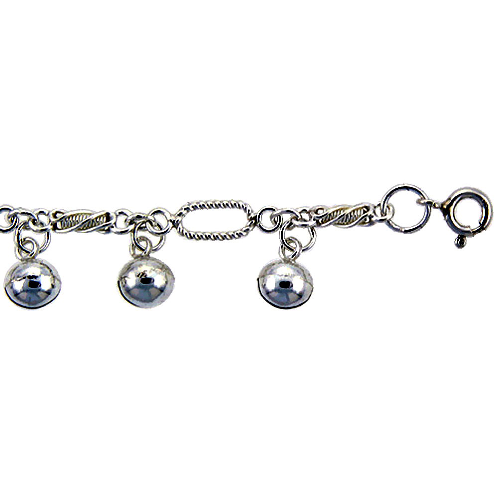 STERLING SILVER FANCY TWISTED LINK ANKLET WITH BELLS, FITS 9 - 10 INCH ANKLES