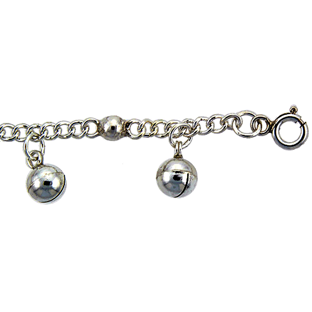 STERLING SILVER CURB LINK ANKLET WITH BEADS & BELLS, FITS 9 - 10 INCH ANKLES
