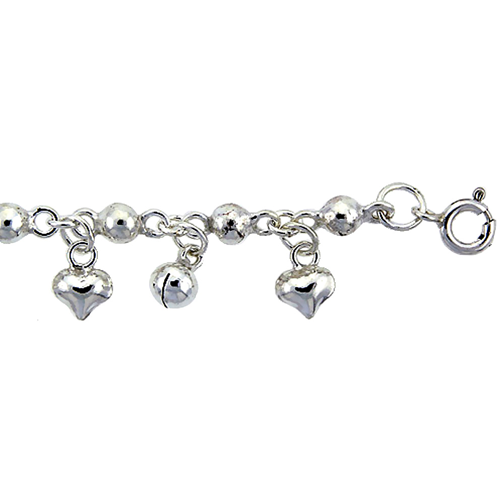 STERLING SILVER ANKLET WITH BEADS, HEARTS & BELLS, FITS 9 - 10 INCH ANKLES