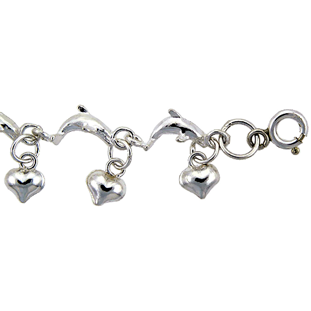 STERLING SILVER ANKLET WITH JUMPING DOLPHINS AND TEENY HEARTS, FITS 9 - 10 INCH ANKLES