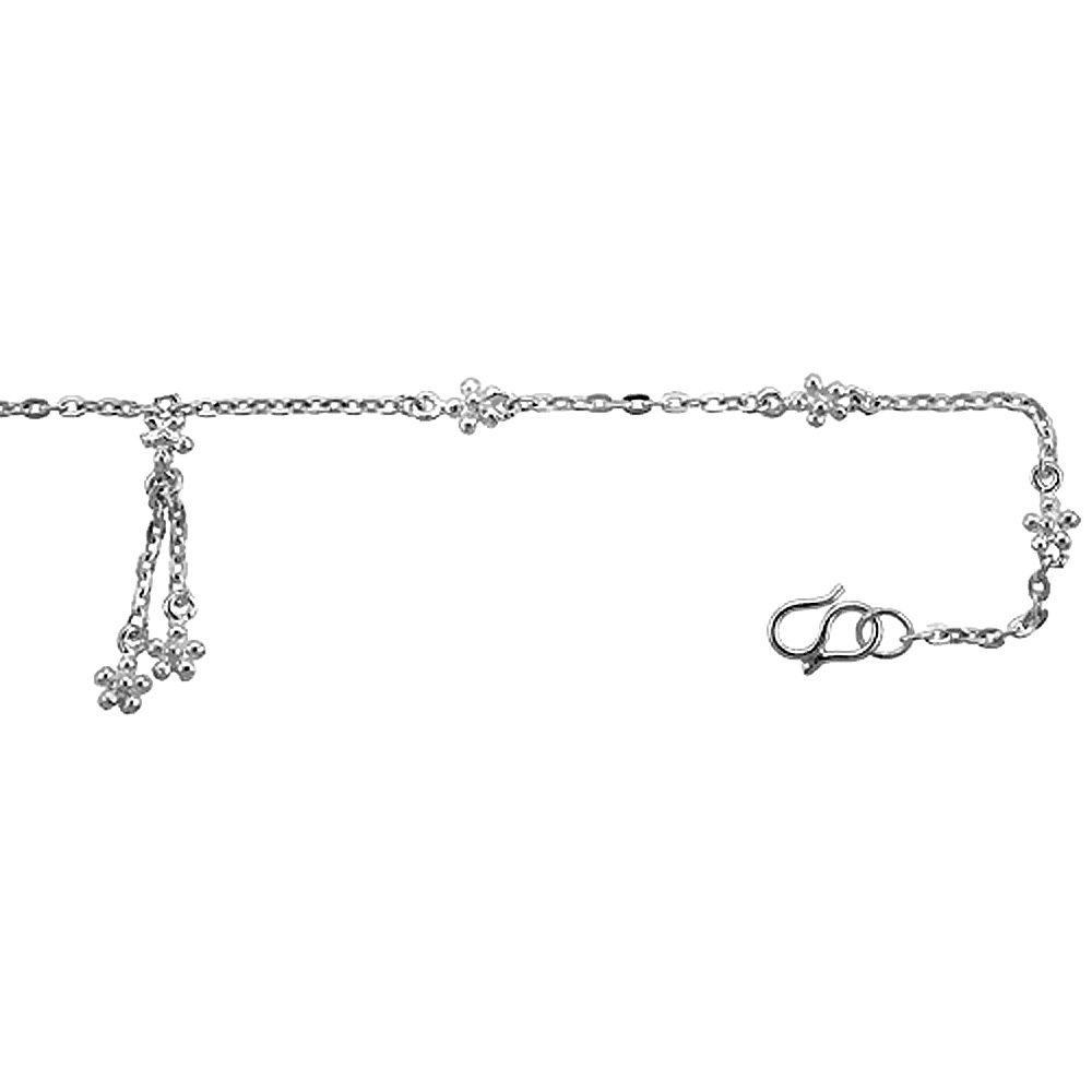 STERLING SILVER ANKLET WITH TEENY FLOWERS, FITS 9 - 10 INCH ANKLES