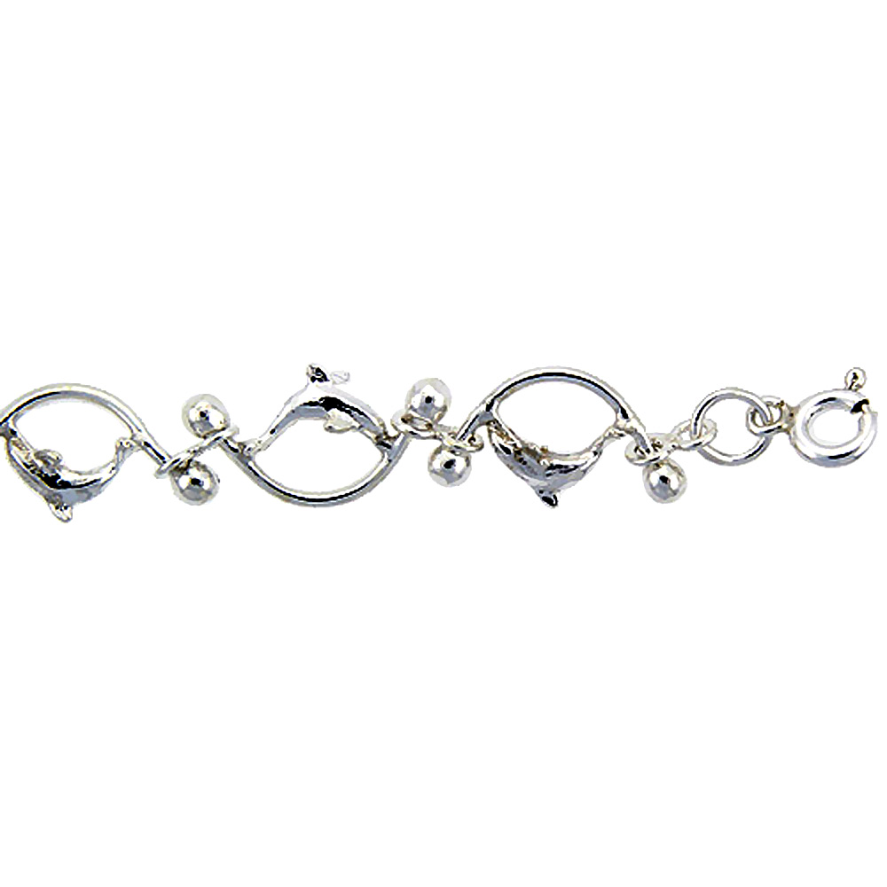 STERLING SILVER ANKLET WITH JUMPING DOLPHINS AND BEADS, FITS 9 - 10 INCH ANKLES