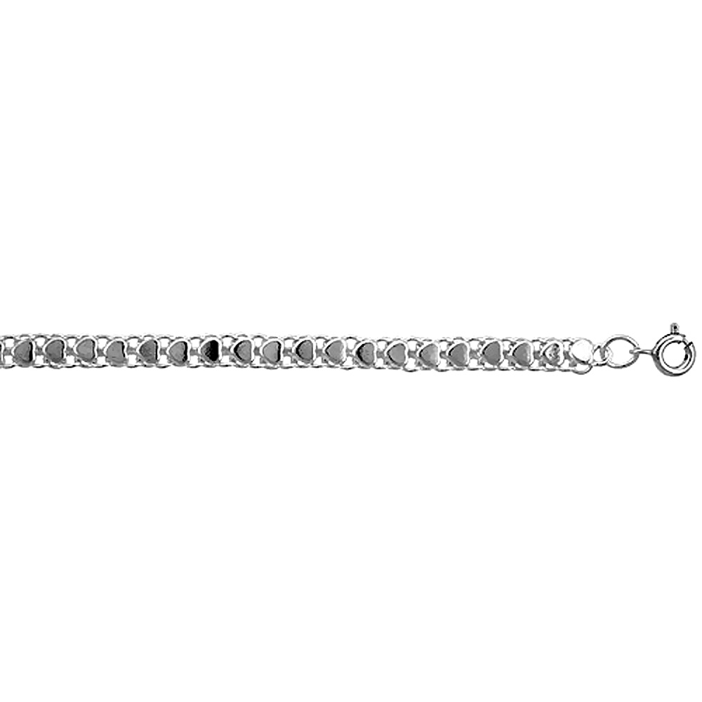 STERLING SILVER ANKLET WITH HEARTS FOR WOMEN 3/16 INCH (5MM) WIDE FITS 9-10 INCH ANKLE SIZES