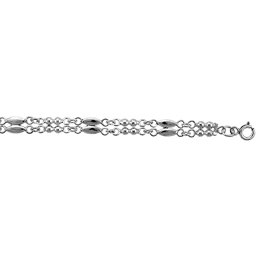 STERLING SILVER DOUBLE STRAND ANKLET WITH BEADS & MARQUISE-SHAPED LINKS, FITS 9 - 10 INCH ANKLES