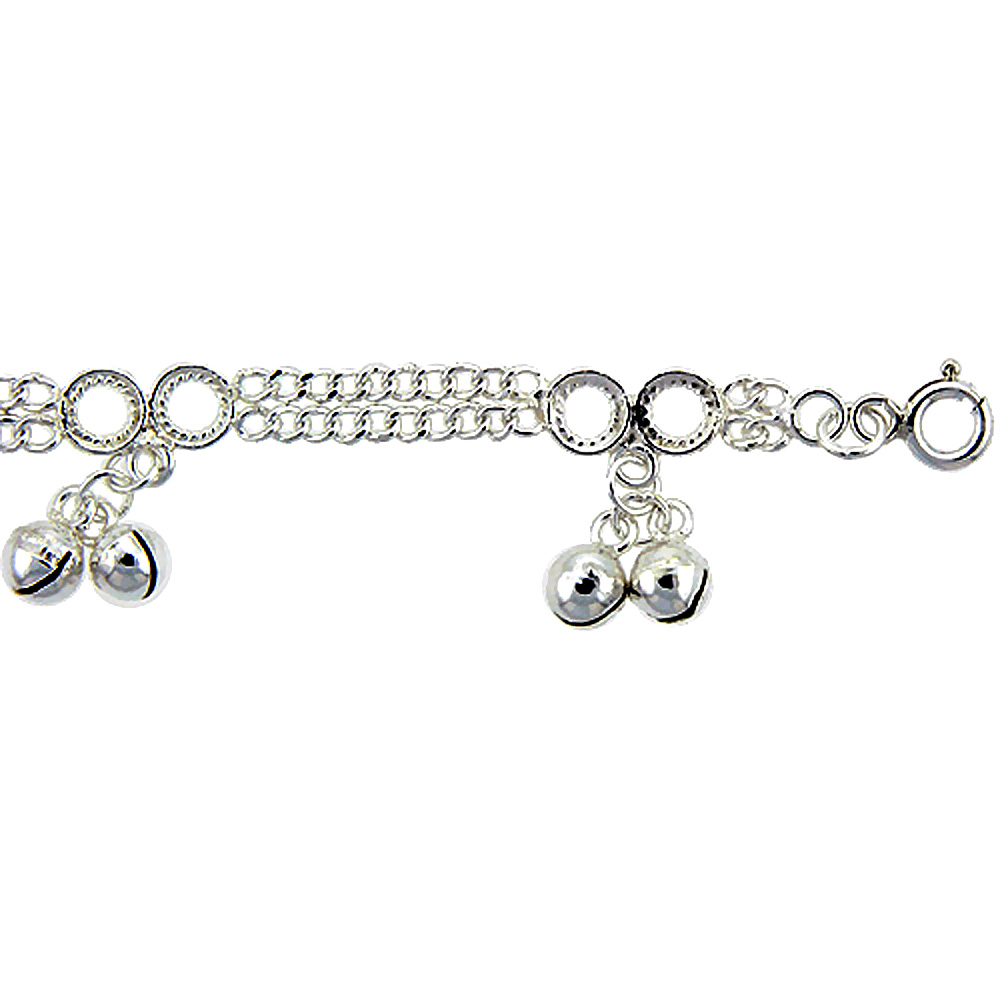 STERLING SILVER DOUBLE STRAND CURB LINK ANKLET WITH BELLS, FITS 9 - 10 INCH ANKLES