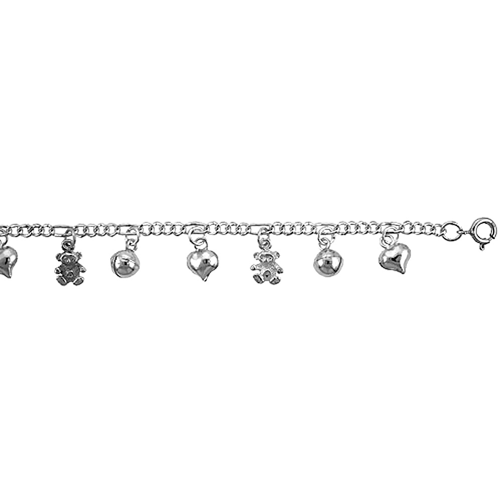 STERLING SILVER FIGARO ANKLET WITH HEART, TEDDY BEAR & CHIME BALL CHARMS, FITS 9 - 10 INCH ANKLES