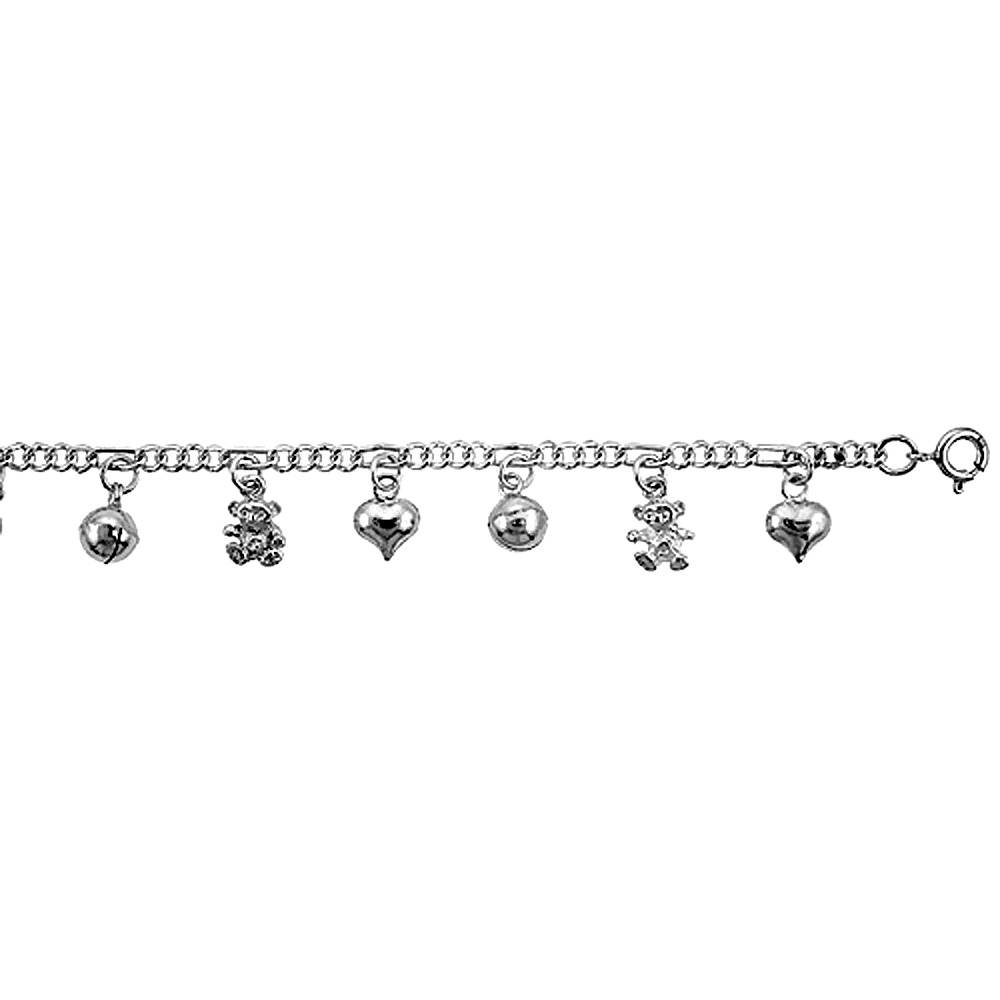 STERLING SILVER FIGARO ANKLET WITH HEART & TEDDY BEAR CHARMS, FITS 9 - 10 INCH ANKLES