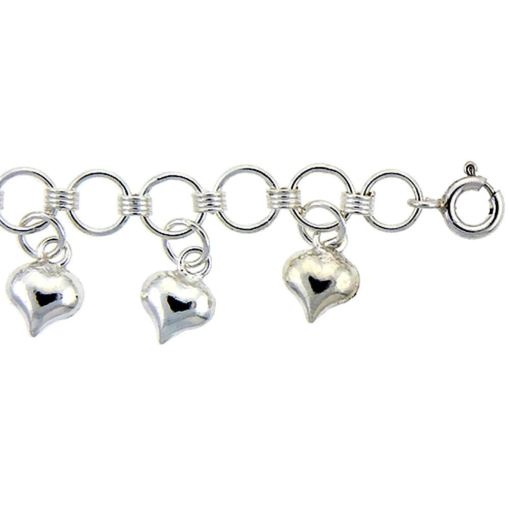 STERLING SILVER ANKLET WITH HEART CHARMS, FITS 9 - 10 INCH ANKLES