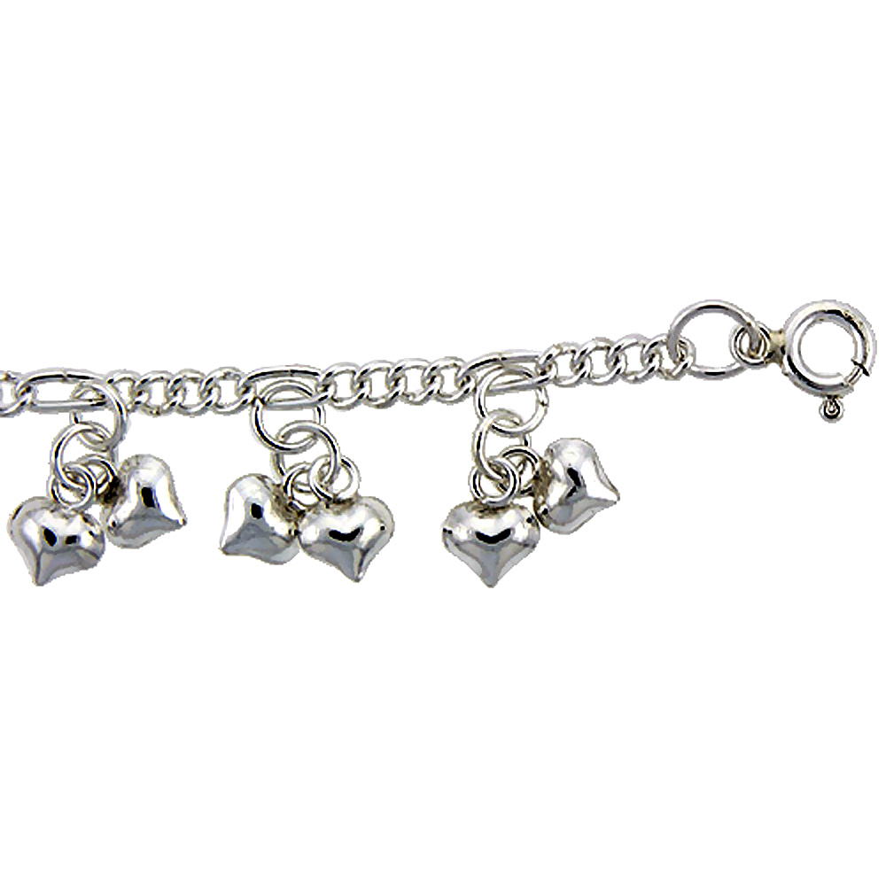 STERLING SILVER ANKLET WITH TEENY HEART CHARMS, FITS 9 - 10 INCH ANKLES
