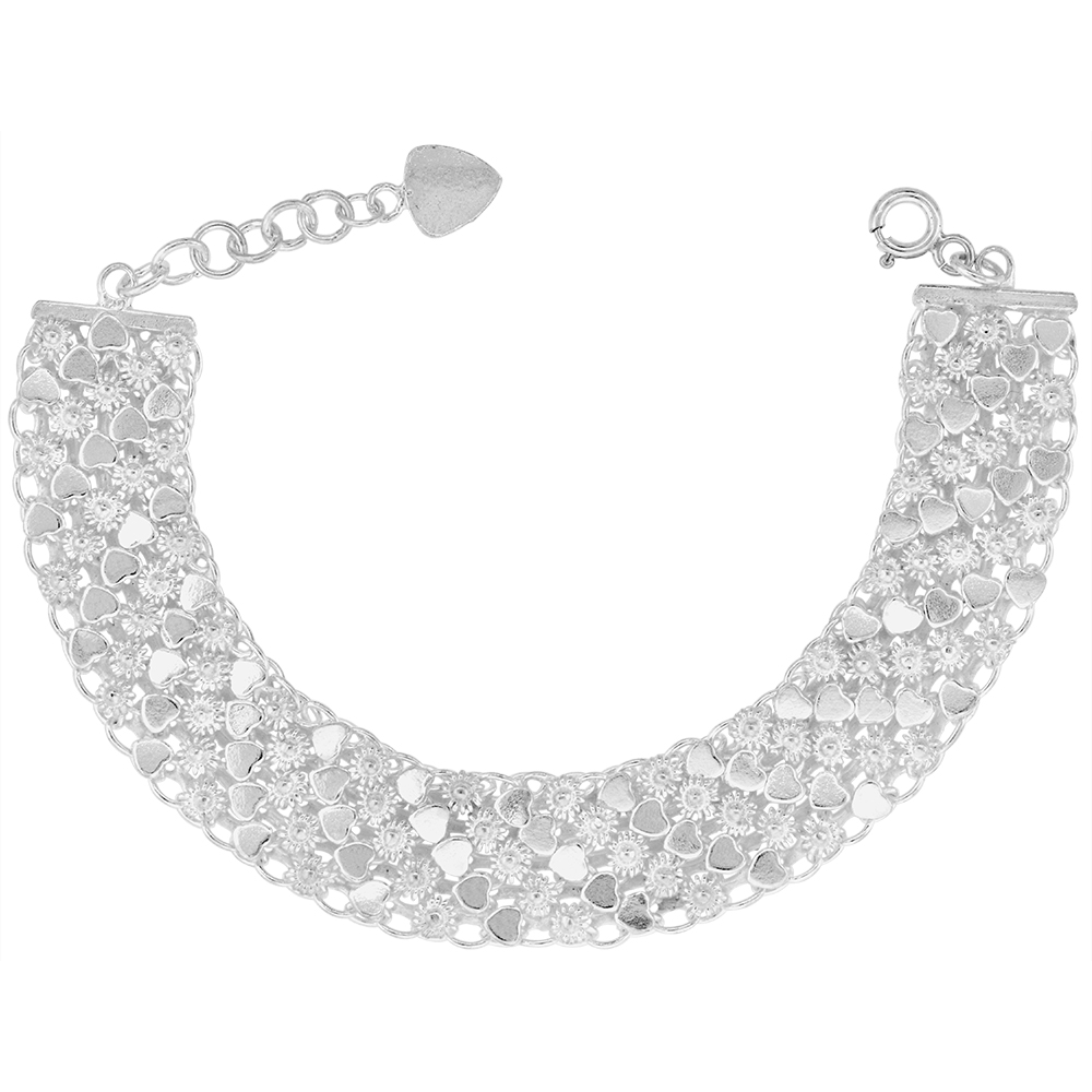 5/8 INCH WIDE STERLING SILVER TEENY FLOWERS AND HEARTS CHARM BRACELET FOR WOMEN 15MM FITS 7-8 INCH WRISTS