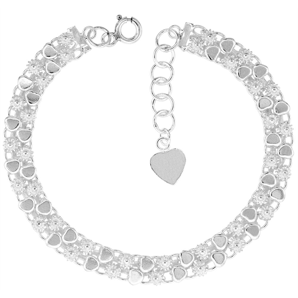 1/4 INCH WIDE STERLING SILVER TEENY FLOWERS AND HEARTS CHARM BRACELET FOR WOMEN 7MM FITS 7-8 INCH WRISTS