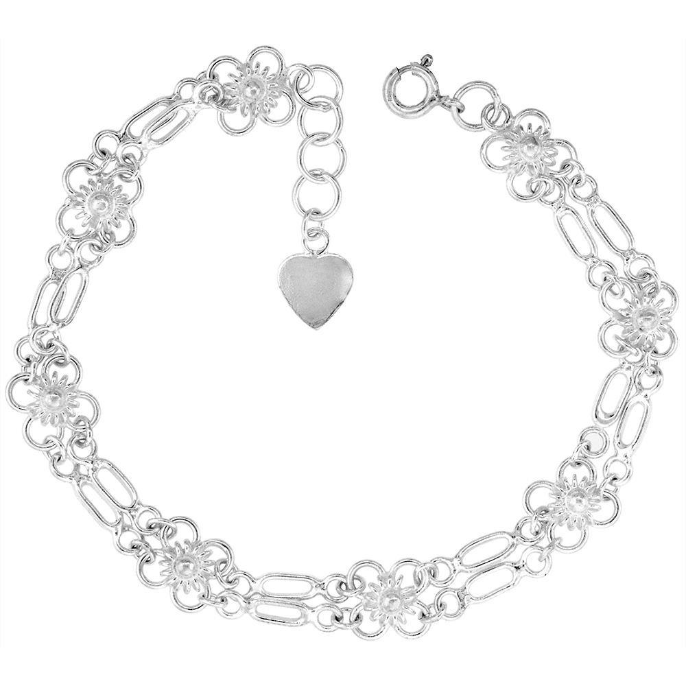 1/4 INCH WIDE STERLING SILVER LINKED QUATREFOIL FLOWERS CHARM BRACELET FOR WOMEN 7MM FITS 7-8 INCH WRISTS